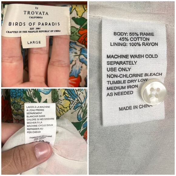 Trovata Birds of Paradis Floral Midi Dress L Ramie Cotton V-Neck Tiered Boho - Picture 3 of 9